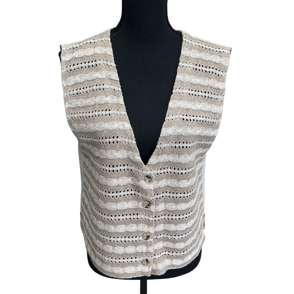 Vintage 90s Y2K Knit Crochet‎ Vest Stripe Linen Cottagecore Granny Coquette Med